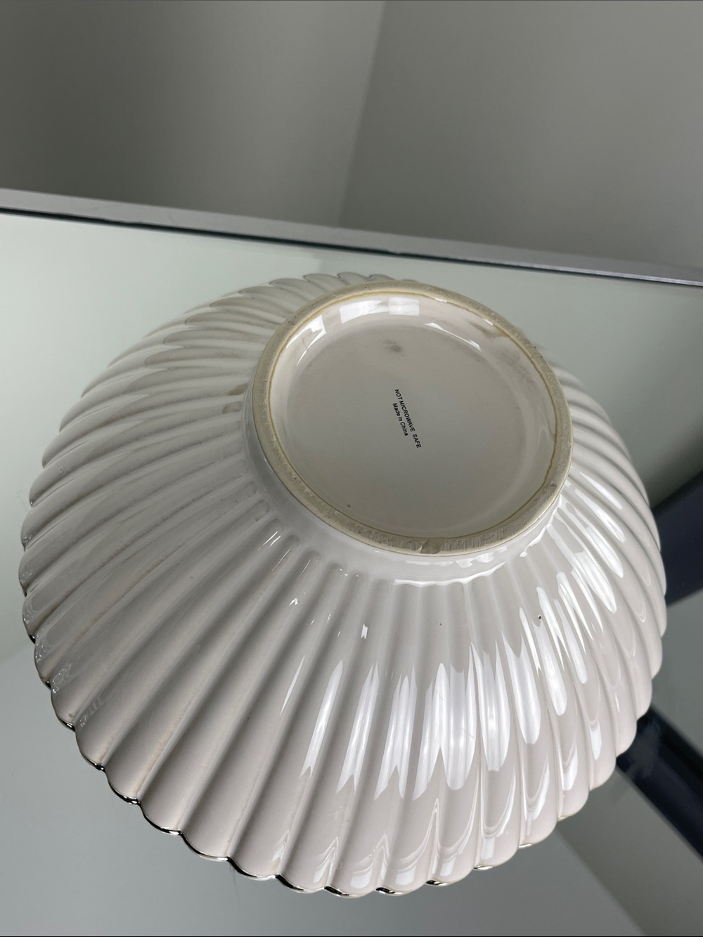 HomeGoods 10" Cream Ribbed Serving Bowl with Silver Rim - Picture 4 of 4